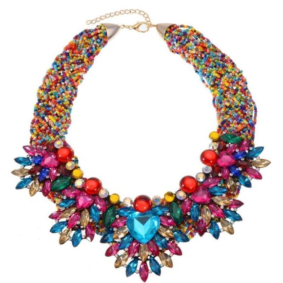 Yellow Gold with Multicolor Austrian Crystal & Beaded Chunky Collar Bib Necklace - Picture 3 of 6
